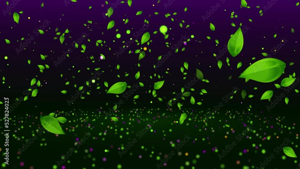 Poster magical green leaves and glitter sparkle dust flying on twinkle glitter sparkles plane background 3d
