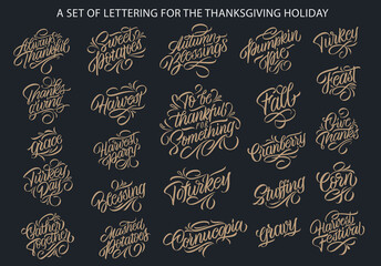 A set of lettering for the Thanksgiving holiday. Thanksgiving Day stickers. Handwritten lettering. Vector text. Sticker, poster, logo. Design template celebration.
