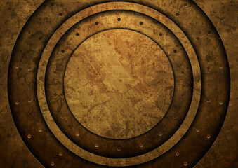Brown round technology abstract background with ancient grunge texture. Geometric concept vector design