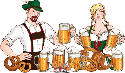 Vector young  bearded man and pretty blond woman wearing traditional bavarian clothes  with glass mugs of beer, pretzels, sausage. October fest illustration for design card, menu, poster, invitation.