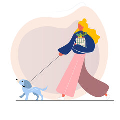 Female character walking with her dog.Young girl walking after groceries. Cute flat vector illustration