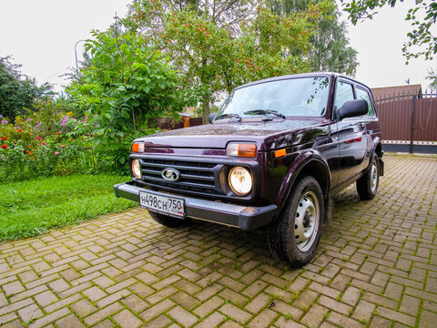 Moscow region. Russia. August 8, 2021. The famous all-wheel drive Russian SUV LADA 4x4 NIVA in the courtyard of a country house.