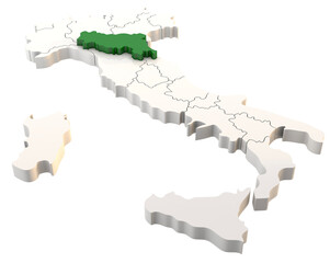 Italy map a 3d render isolated with Emilia Romagna italian regions