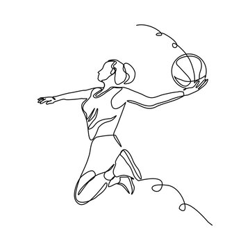 woman basketball player jumping, one line clip art preview