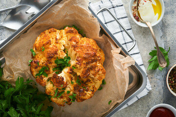 Baked cauliflower. Oven or whole baked cauliflower spices and herbs server on wooden rustic board on old grey background table. Delicious cauliflower. Eyal Shani dish. Perfect tasty snack.