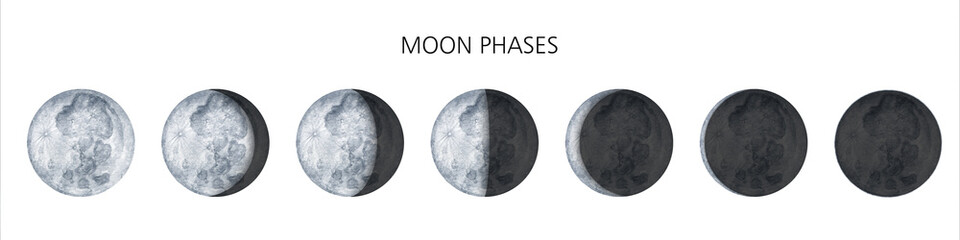 Moon phases on white background. Galaxy Hand drawn isolated watercolor illustration of cycle from new to full moon.