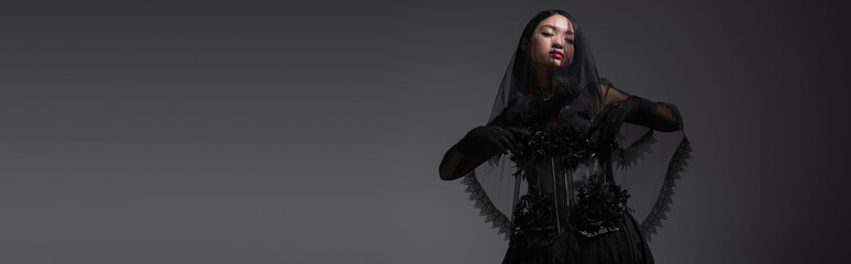 young asian model in gothic outfit with black veil posing isolated on grey, banner.