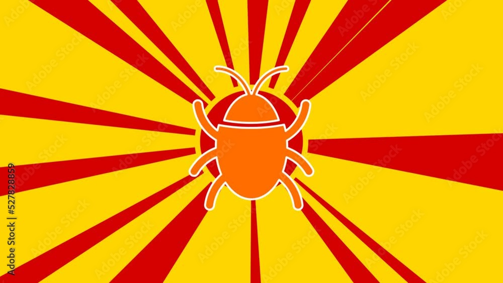 Poster bug symbol on the background of animation from moving rays of the sun. large orange symbol increases