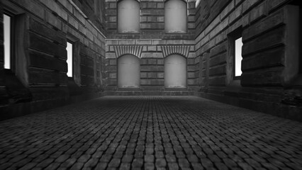 Cinematic dolly shot of gothic medieval architecture with some mist
