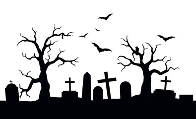 Vector black silhouette of a scary cemetery landscape with graves, crooked trees and flying bats - halloween themed seamless panorama
