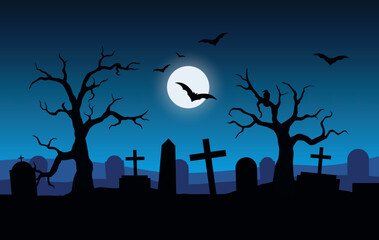 Vector halloween landscape with silhouettes of scary trees, graves and flying bats with blue sky background and full moon