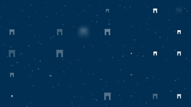 Template animation of evenly spaced arch symbols of different sizes and opacity. Animation of transparency and size. Seamless looped 4k animation on dark blue background with stars