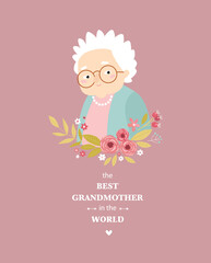 Print. Nice old woman. The best grandmother in the world. Cartoon character. Grandma and Grandpa's Day. Postre, postcard, invitation. - 527829696