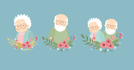 Print. Nice old couple. Vector grandfather and grandmother. Cartoon characters. Grandfather's and grandmother's day. Good old people. Pensioners. Many years together. - 527830022