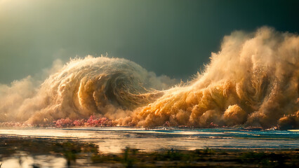 Tsunami wave apocalyptic water Storm. Large tidal wave coming on to the beach. 3D render - obrazy, fototapety, plakaty