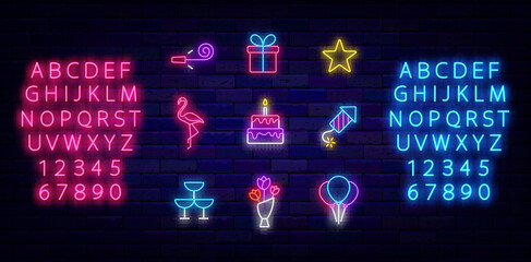 Happy Birthday neon icons collection. Gift, flamingo and bouquet. Shiny blue and pink alphabet. Vector illustration © Anastasia Gapeeva