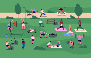 Obraz na płótnie Canvas Street workout park. People training, doing different exercises, physical cardio and strength activities outdoors at wellness sport ground with facilities, fitness equipment. Flat vector illustration