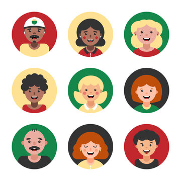 Set, collection of avatars, portraits, profile pictures with diverse people. Set of round icons with girls, boys, men, women for family, group of people, social media design.