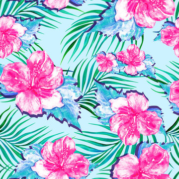 Tropical seamless floral pattern with pink watercolor hibiscus and palm leaves