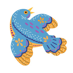 Blue bird in folk style. Isolated vector.