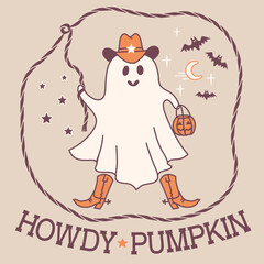 Halloween cute grost cowboy color illustration. Vector halloween ghost in cowboy hat and lasso holiday text Howdy pumpkin text for print or design.