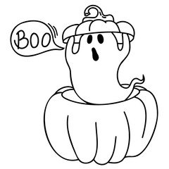 Halloween cute grost and pumpkin line style illustration. Vector hand drawn funny halloween ghost scares with Boo text holiday isolated on white for print or design.