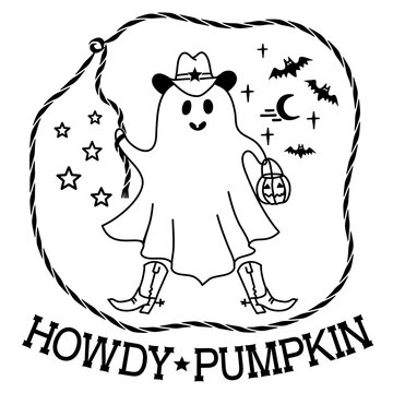 Halloween cute grost cowboy illustration. Vector hand drawn halloween ghost in cowboy hat and lasso holiday text Howdy pumpkin isolated on white for print or design