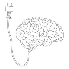 Silhouette of a human brain with a charging socket. Minimalist style. Concept idea, brainstorm, development, creativity, innovation intelligence, logo, badge, symbol. Vector isolated illustration