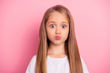 Portrait of nice charming girl pouted lips kiss look camera isolated on pastel pink color background