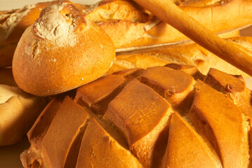 Different types of bread with warm colors