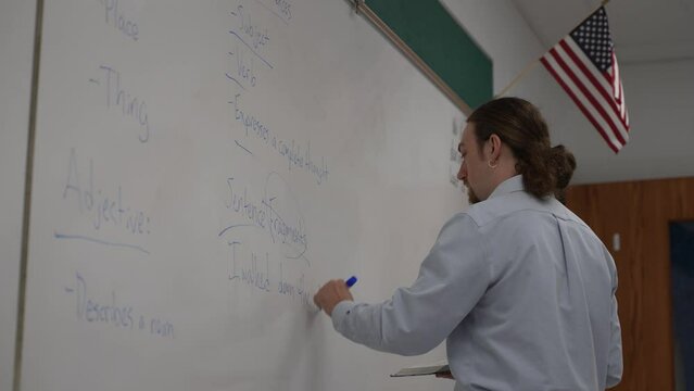 Male school teacher holding book teaching english in school classroom at a whiteboard, with US flag.