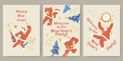 A set of greeting cards for the New Year with merry dancing Santas. New Year party flyers with funny characters, sparkling wine, confetti and christmas trees