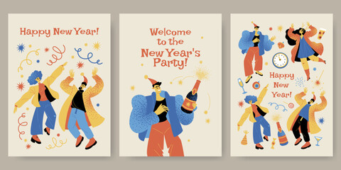 Collection of greeting cards for the New Year with cheerful dancing people. New Year party flyers with funny characters, sparkling wine and confetti