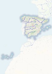 Spain physical map with important rivers the capital and big cities