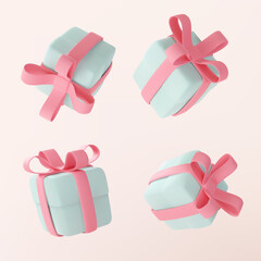 Cute pastel gift boxes different angles set. 3D holiday surprise boxes.