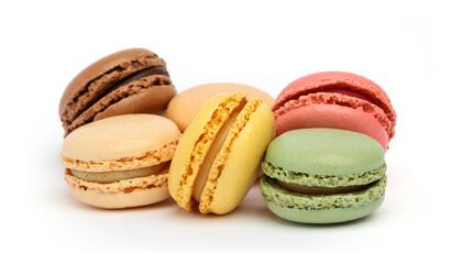 Variations of colorful macaroons isolated on white background