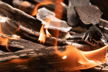 Burning wooden firewood close-up. tongues of flame. background texture fire