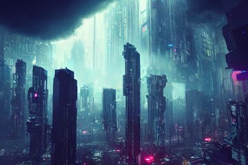Fototapeta Aerial view of a cyberpunk city. Skyscrapers view, at night on a rainy day. Modern, futuristic architecture. Big, tall buildings. Dark technology, urban town artwork. Concept skyline.  obraz
