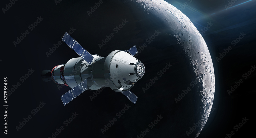 Poster Orion spaceship near Moon surface. Artemis space mission. Spacecraft in deep space. Astronauts on Moon orbit. Elements of this image furnished by NASA