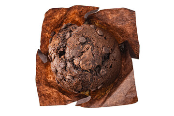 Chocolate muffin in brown paper isolated on white background, top view