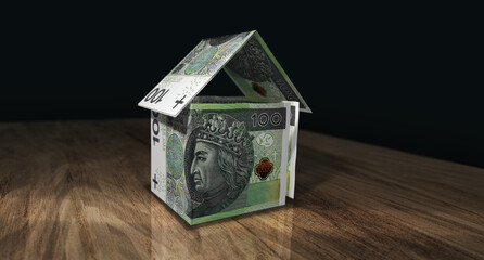 Poland Zloty 100 PLN money banknotes paper house on the table 3d illustration