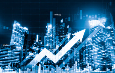 Financial graphs and digital indicators overlap with modernistic urban area, skyscrabber for stock market business concept. Double exposure.