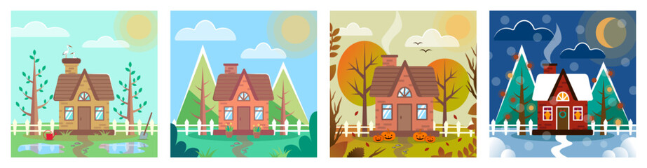 4 seasons house flat design set vector illustration. Spring, summer, autumn and winter. Four seasonal rural landscapes. Small country house. 
