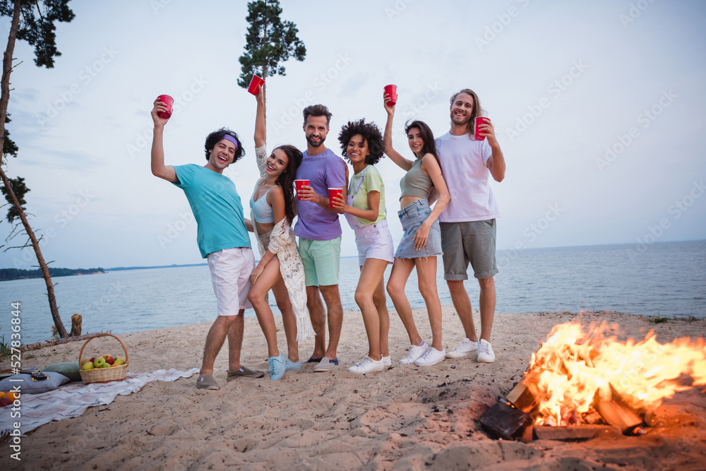 Poster full size photo of young guys ladies drink beer wear casual outfil by the sea