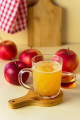 Fresh and Tasty Homemade Apple Cider with Ground Cinnamon Raw Red Apples Glass Mug with Cider on Wooden Stand Vertical