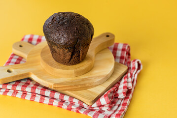 Homemade Delicious Chocolate Muffin on Wooden Cutting Boards Tasty Dessert Red Napkin Above