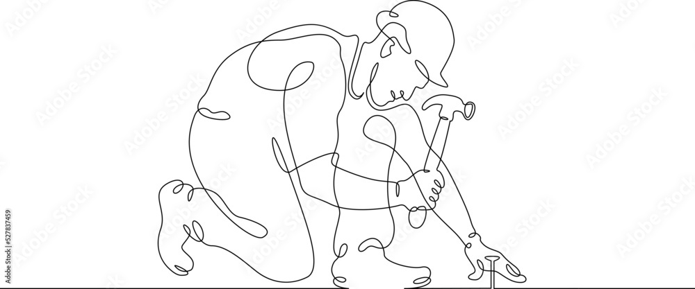 Poster one continuous line. construction worker. the builder uses a hammer. construction works. building re