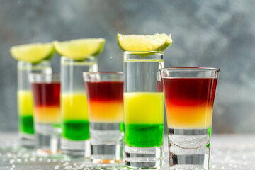 Cocktail Collection layered shots. Mexican alcoholic cocktail drinks shot.