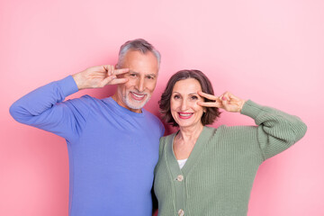 Fototapeta premium Portrait of two attractive funky cheerful people embracing showing v-sign party isolated over pink pastel color background