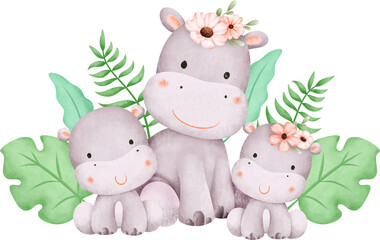 Cute hippo family